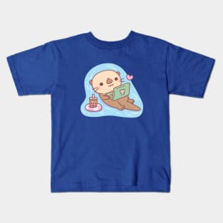 Cute Otter Chilling With Bubble Tea and Laptop Videos Kids T-Shirt